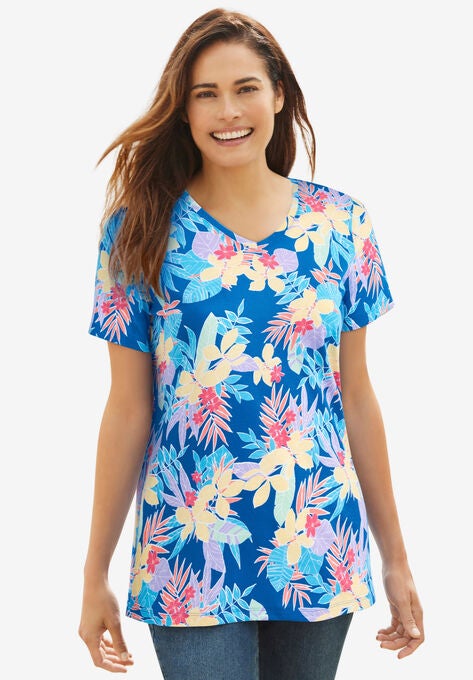 Perfect Printed Short-Sleeve V-Neck Tee, BRIGHT COBALT MULTI PRETTY TROPICANA, hi-res image number null