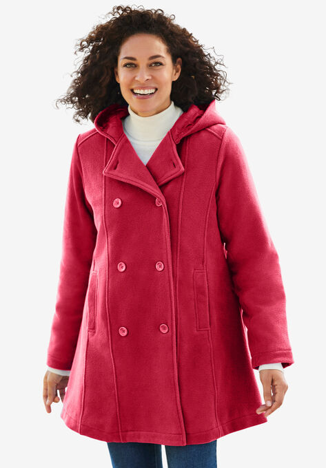 Double-Breasted Hooded Fleece Peacoat, CLASSIC RED, hi-res image number null