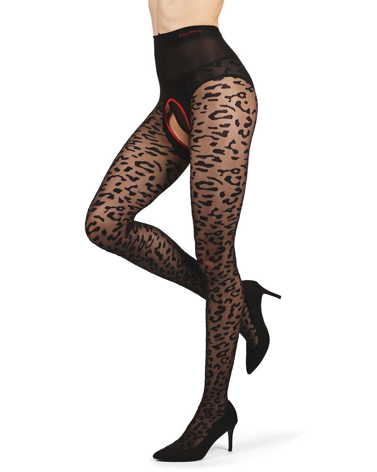 Women&#39;s Born To Be Wild Leopard Crotchless Sheer Pantyhose, BLACK RED, hi-res image number 0