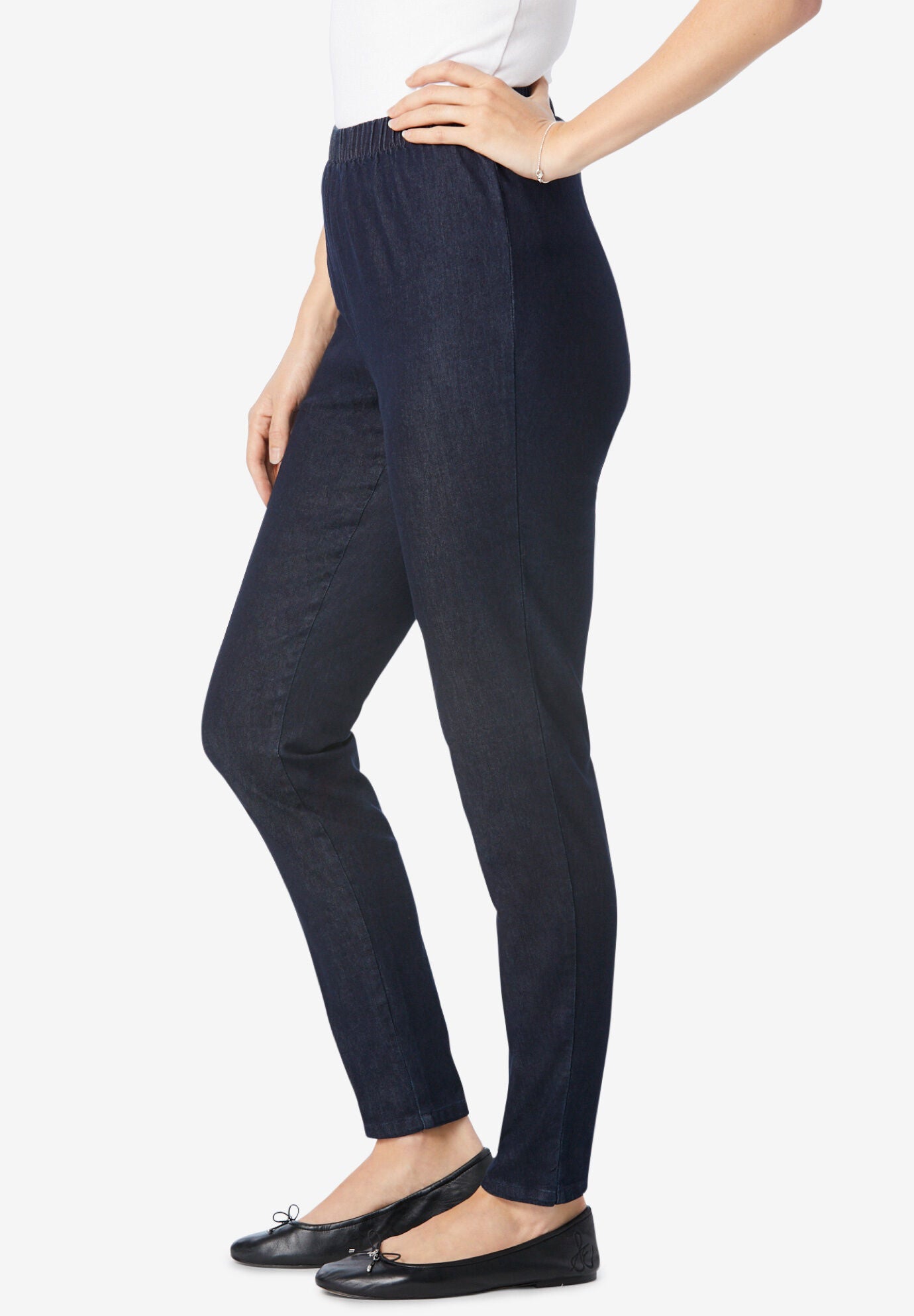 Pull-On Elastic-Waist Stretch Fineline Denim Jeans, INDIGO, alternate image number 2