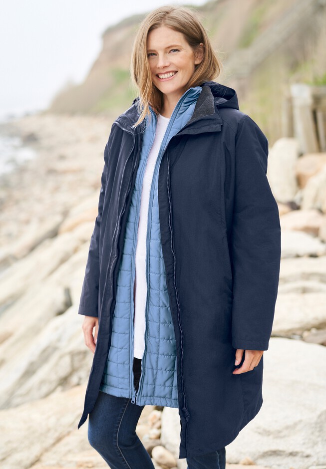 Women's padded jacket in dark blue nylon and black cotton corduroy
