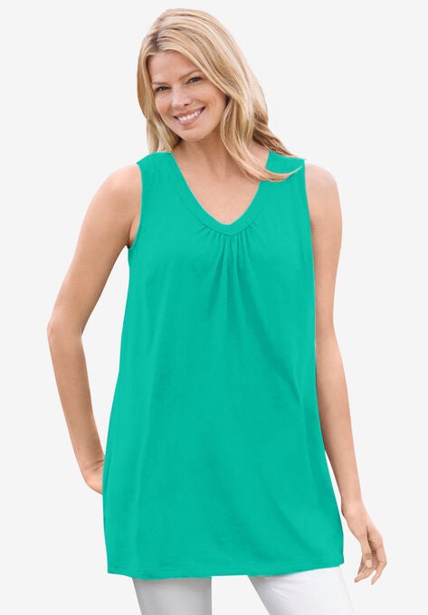 Perfect Sleeveless Shirred V-Neck Tunic, PRETTY JADE, hi-res image number null