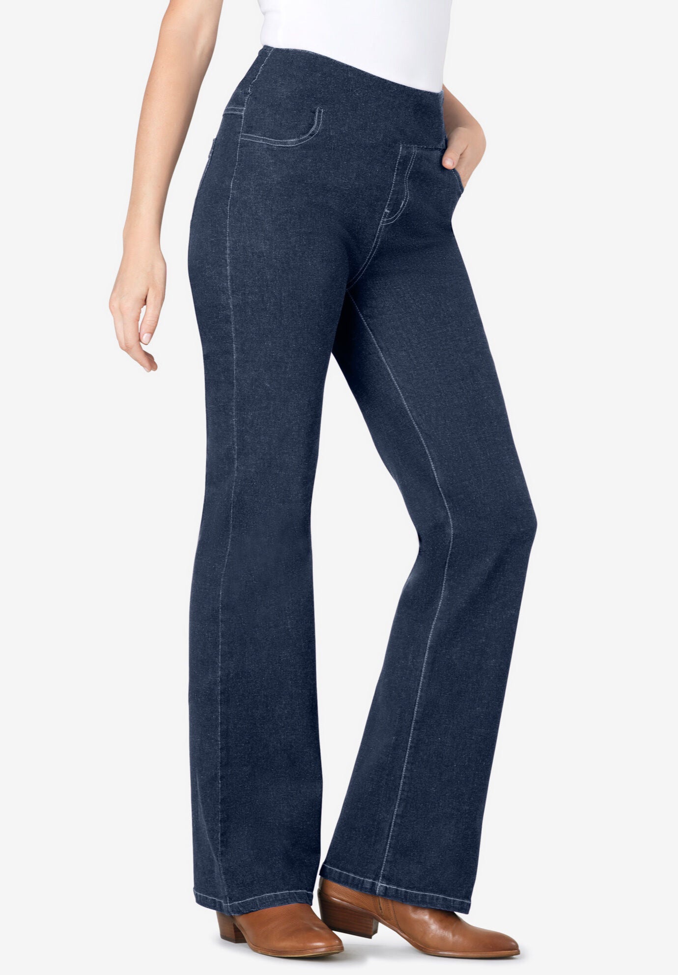 Flex-Fit Pull-On Bootcut Gap-Free Stretch Denim Jeans, NAVY, hi-res image number 0