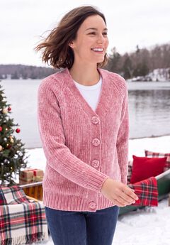 Chenille Flower-Button Sweater Cardigan