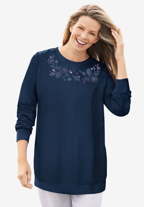 Fleece Sweatshirt, NAVY FLORAL EMBROIDERY, hi-res image number null