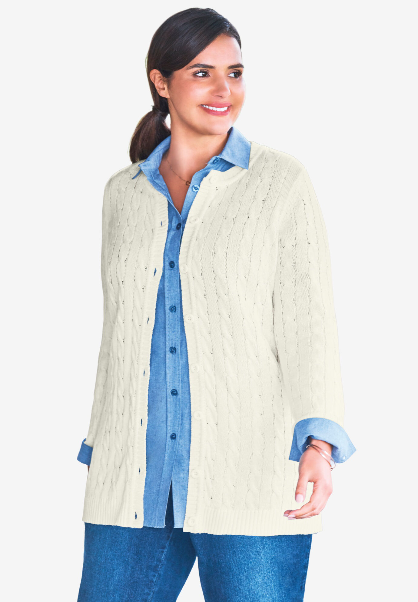 Cotton Cable Knit Cardigan Sweater | Woman Within
