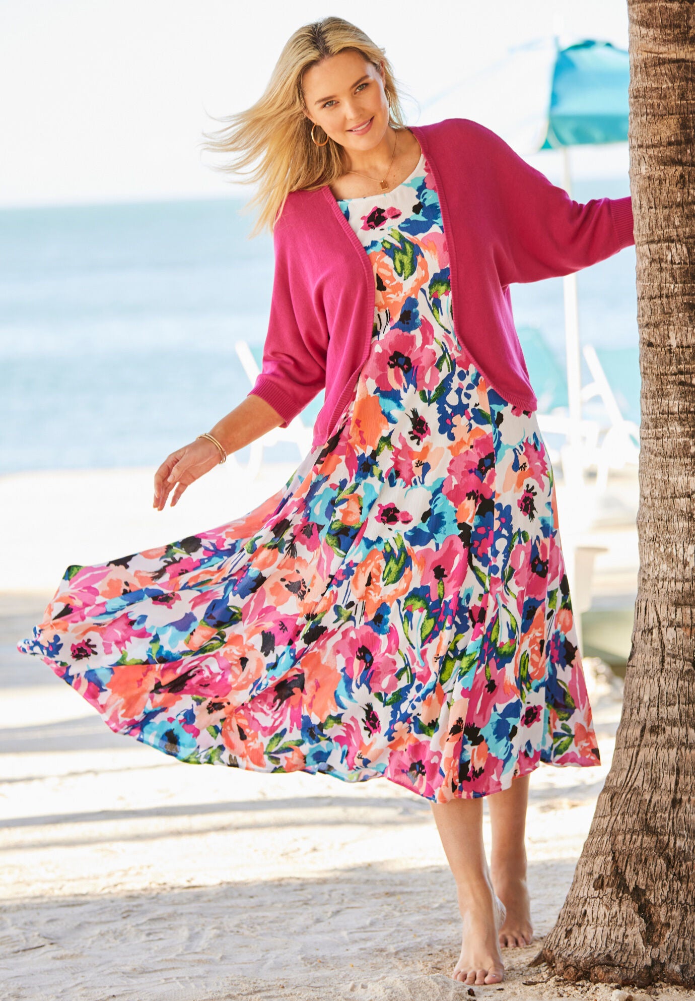 Crinkled Short Sleeve Maxi Dress Vivid Red Bloom Flower Woman Within