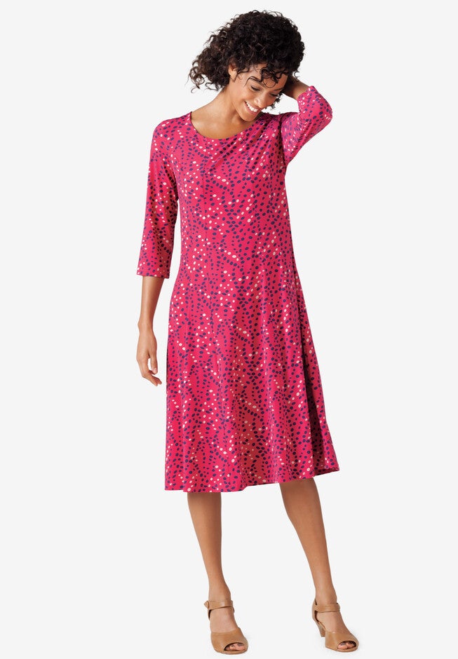 Three Quarter Sleeve A-line Dress, BRIGHT CHERRY DARK NAVY DOT, hi-res image number 0