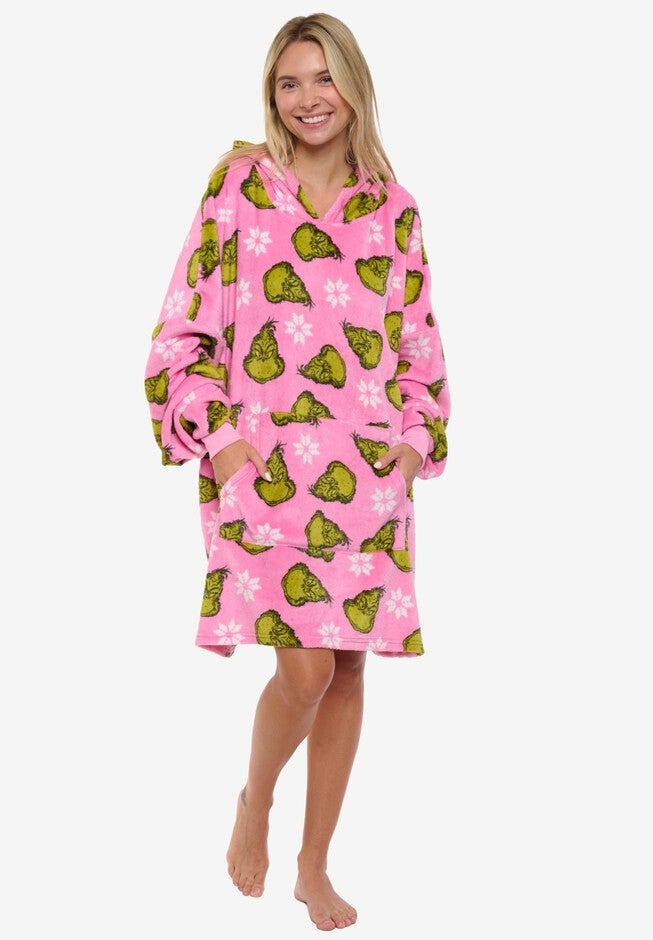 Womens The Grinch Oversized Hoodie Sweatshirt Christmas Pink Green One Size, PINK, alternate image number 3