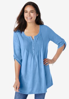 7-Day Three-Quarter Sleeve Pintucked Henley Tunic
