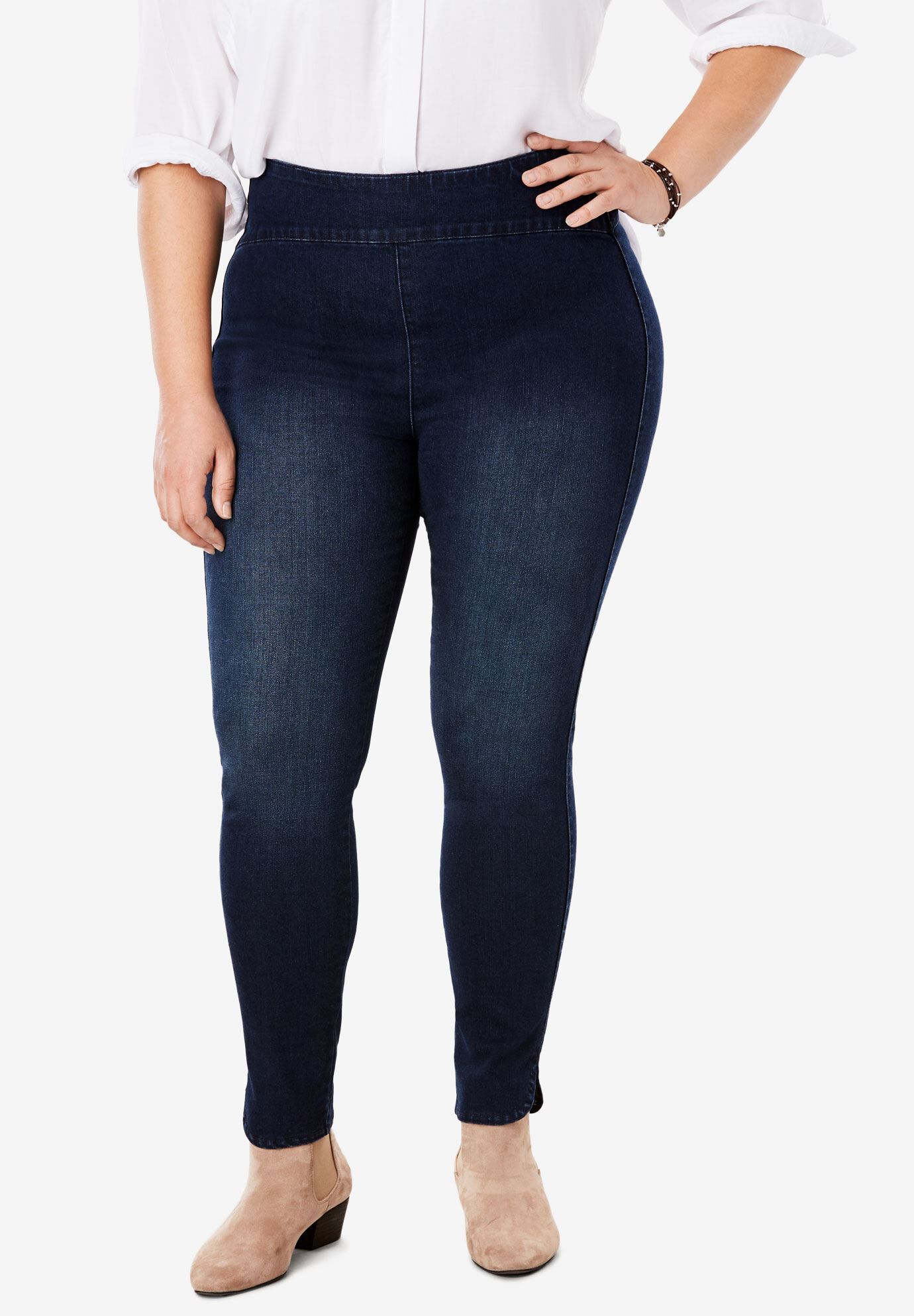 Woman within denim leggings