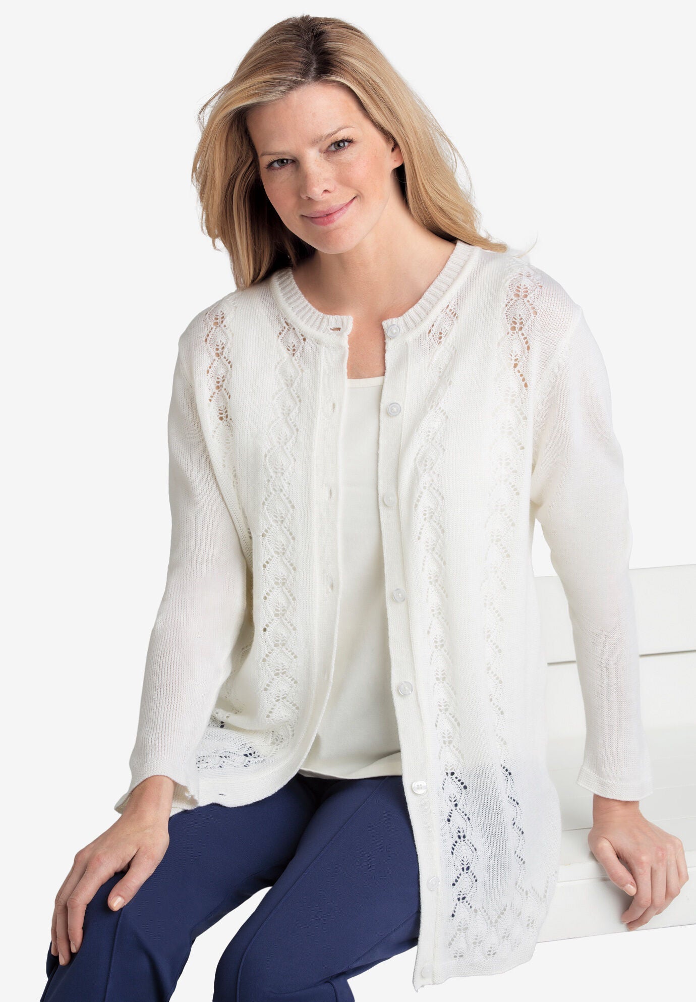 Pointelle Cardigan Long Sleeve Knit Plus Sizes White Woman Within