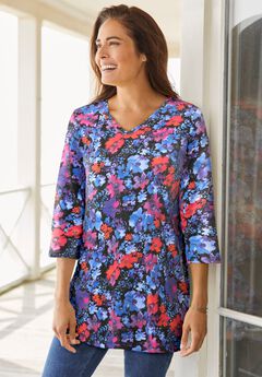 Perfect Printed Three-Quarter-Sleeve V-Neck Tunic