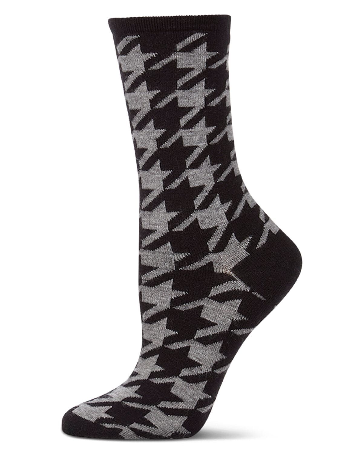 Women's Houndstooth Cashmere-Blend Fine-Gauge Knit Crew Sock, BLACK, hi-res image number 0