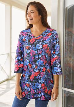 Perfect Printed Three-Quarter-Sleeve V-Neck Tunic
