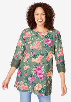 Crochet-Trim Three-Quarter Sleeve Tunic