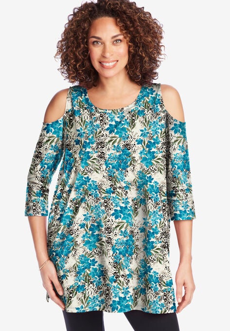 Cold Shoulder Tunic, DEEP TEAL WILD FLORAL, hi-res image number null