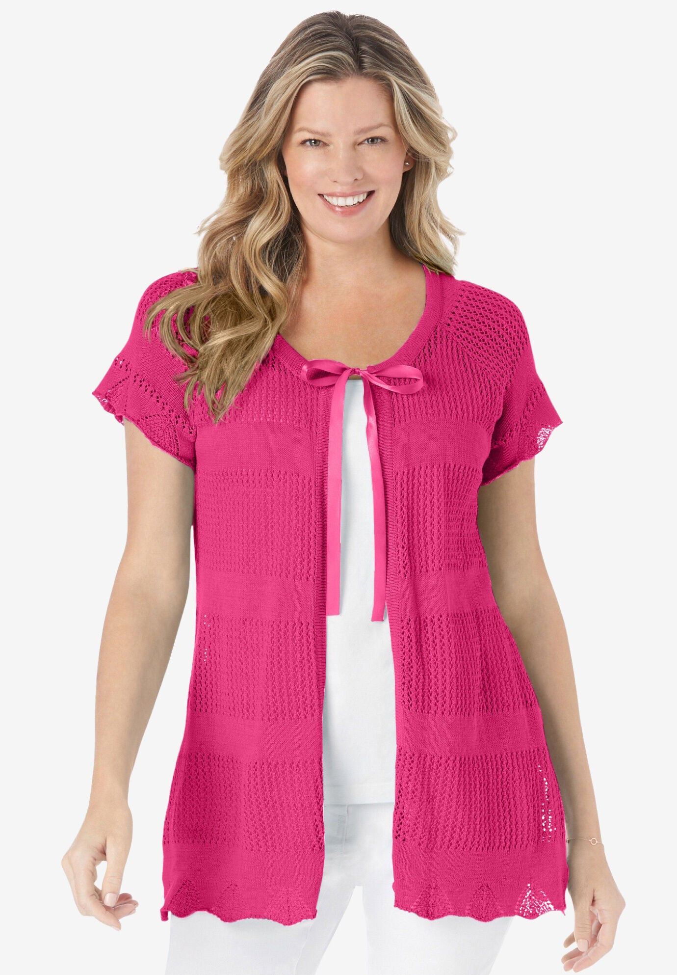Tie Neck Pointelle Cardigan Sweater Plus Size Raspberry Sorbet