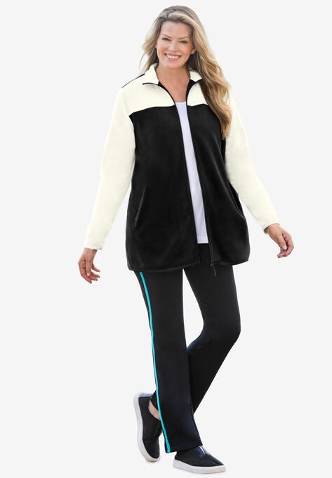 Colorblock Microfleece Jacket Zip Front Jacket, BLACK IVORY, hi-res image number null