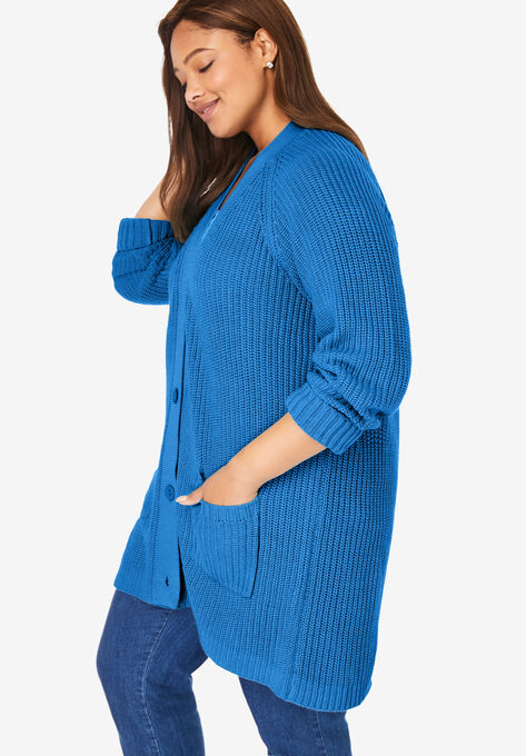Long-Sleeve Shaker Cardigan Sweater, , alternate image number null