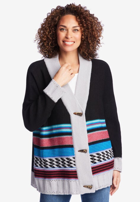 Aztec Print Cardigan, BLACK JACQUARD, hi-res image number null