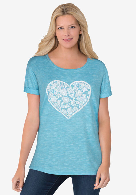 Marled Cuffed-Sleeve Tee, PARADISE BLUE HEART PLACEMENT, hi-res image number null