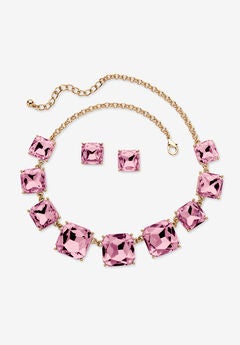 Gold Tone Necklace and Earring Set, Princess Cut Simulated Birthstones