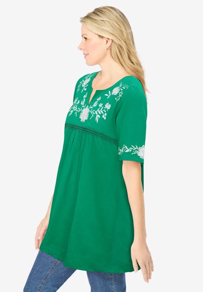 Embroidered Split-Neck Tunic, TROPICAL EMERALD VINE EMBROIDERY, alternate image number null