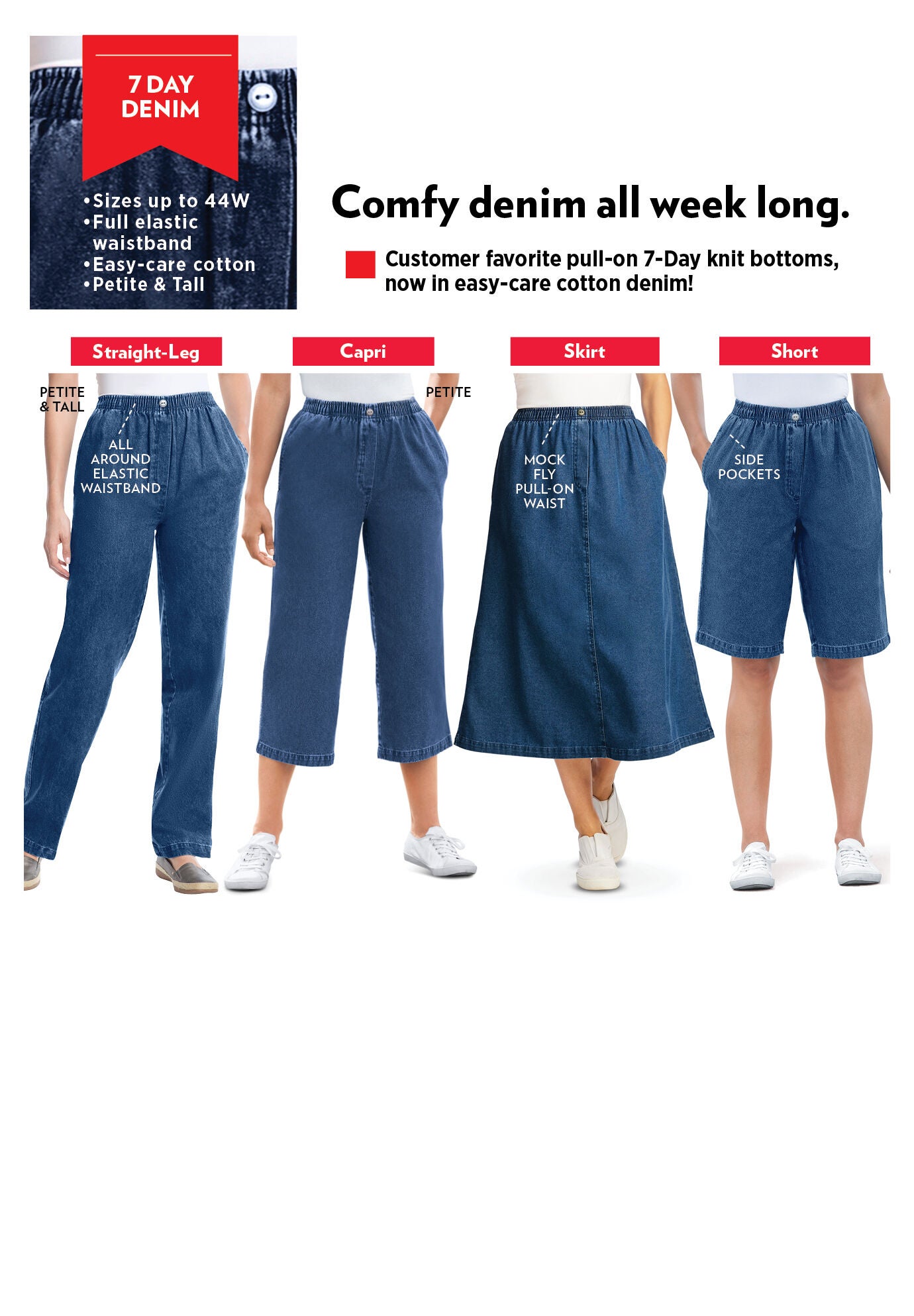 7-Day Straight-Leg Elastic-Waist Cotton Denim Pant, , alternate image number 4