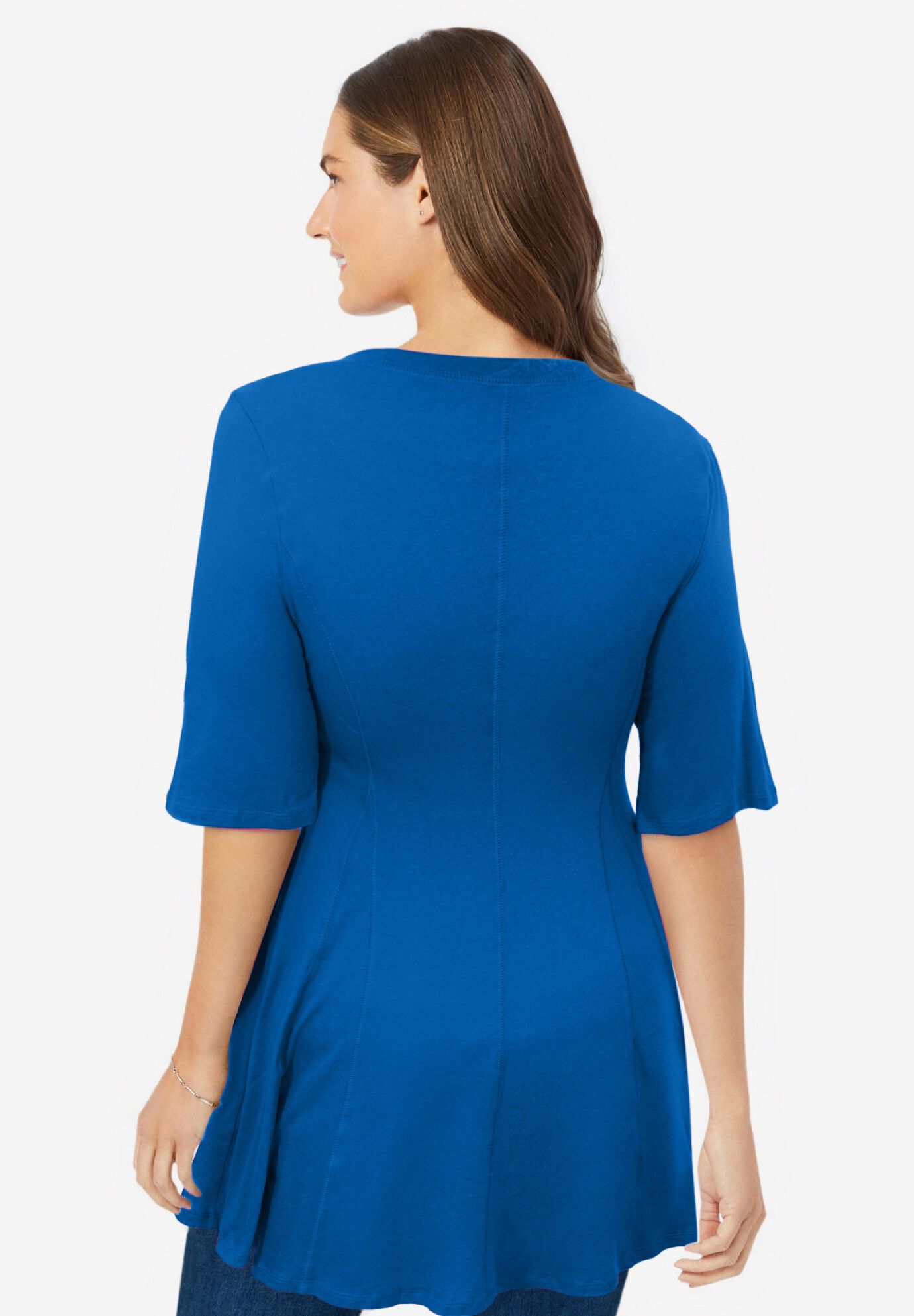 Elbow Sleeve V-Neck Fit and Flare Tunic, BRIGHT COBALT, on-hover image number 1