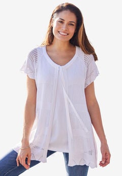 Tie-Neck Pointelle Cardigan Sweater