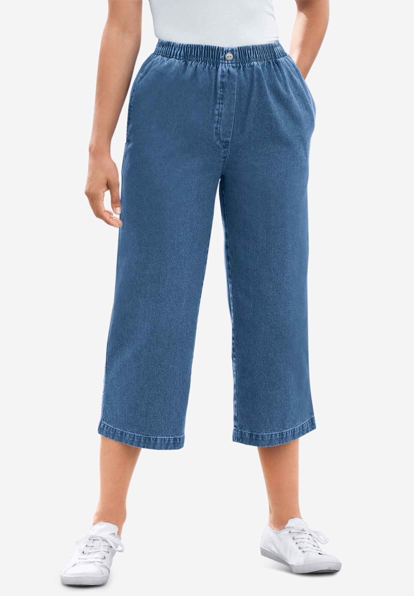 7-Day Elastic-Waist Pull-On Cotton Denim Capri Jeans