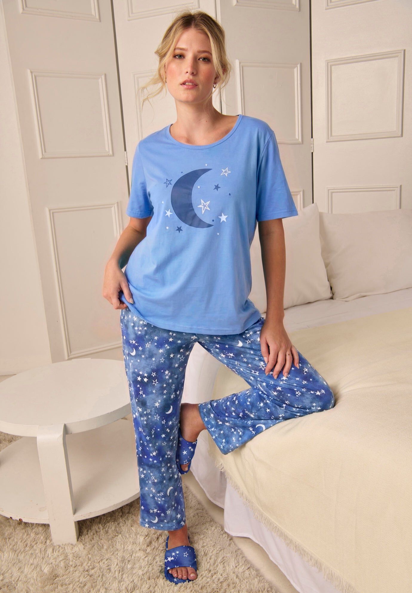 Graphic Tee Pure Cotton PJ Set, FRENCH BLUE TIE DYE MOON, hi-res image number 0