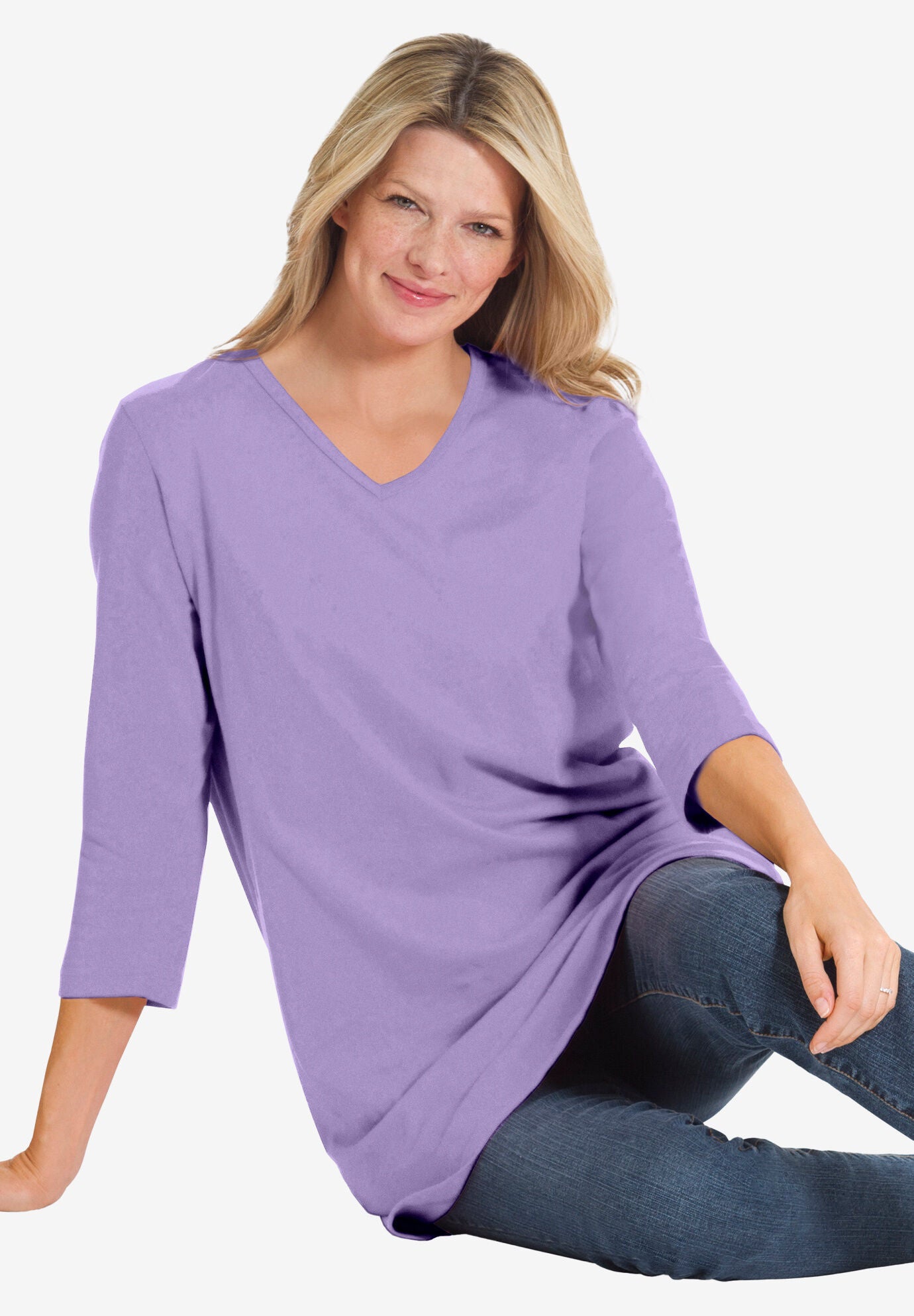 Three-Quarter Sleeve V-Neck Tunic Top, Black | Woman Within