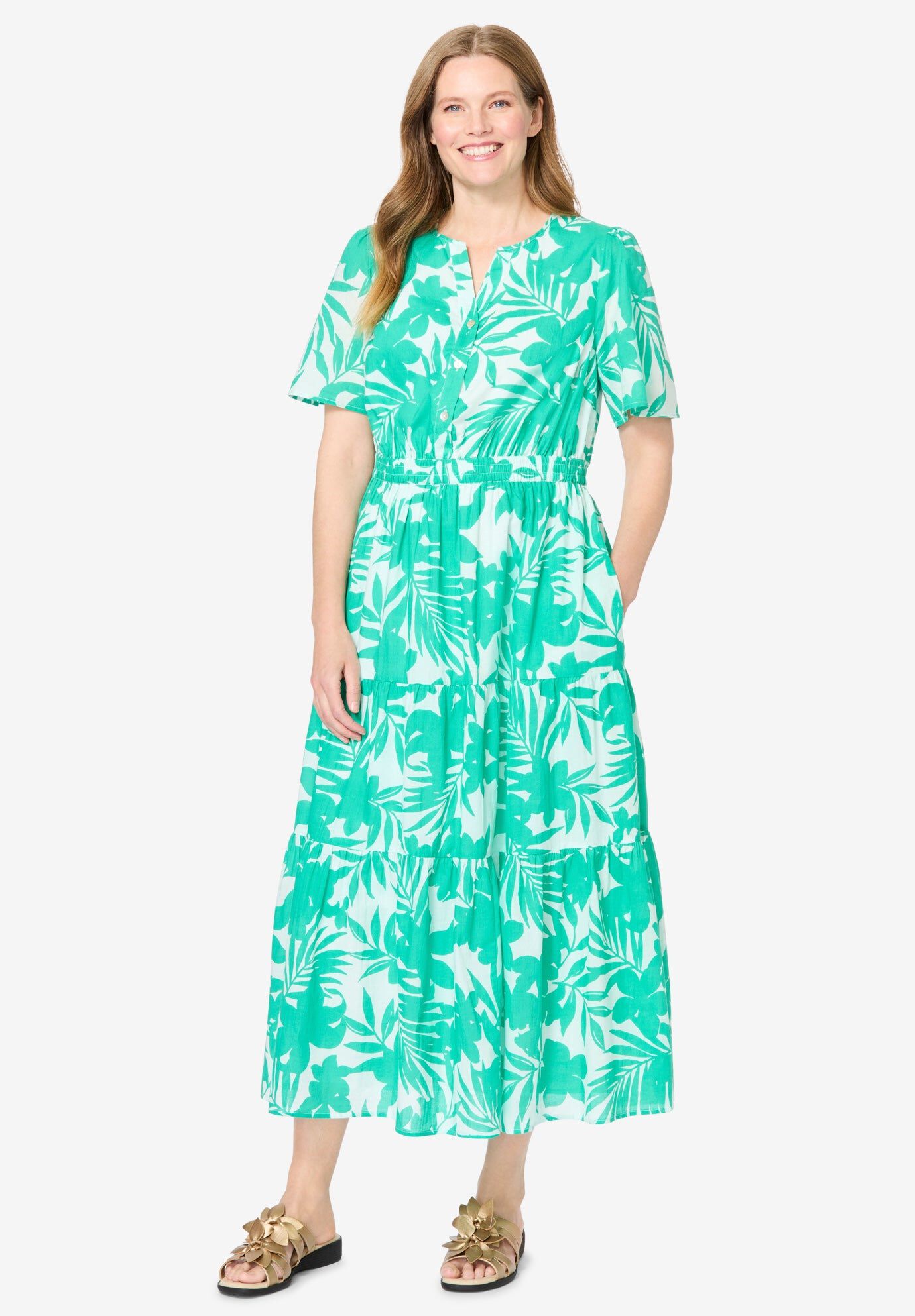 Tiered Midi Dress, TROPICAL EMERALD FLORAL, hi-res image number 0