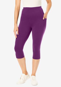 Stretch-Cotton Knit Pull-On Pocket Capri Leggings