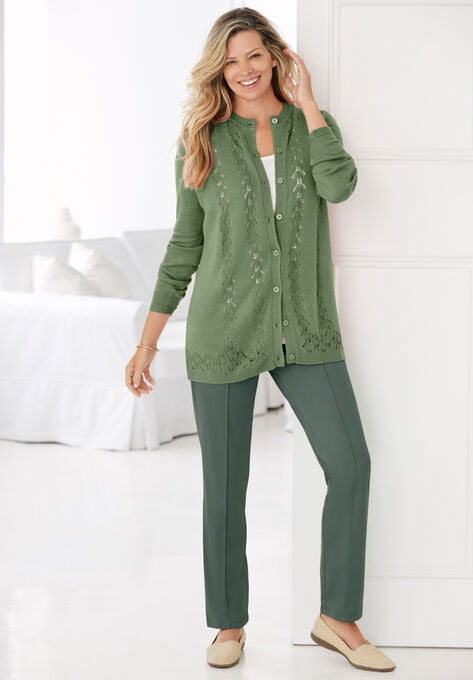 Long-Sleeve Pointelle Cardigan, , alternate image number null