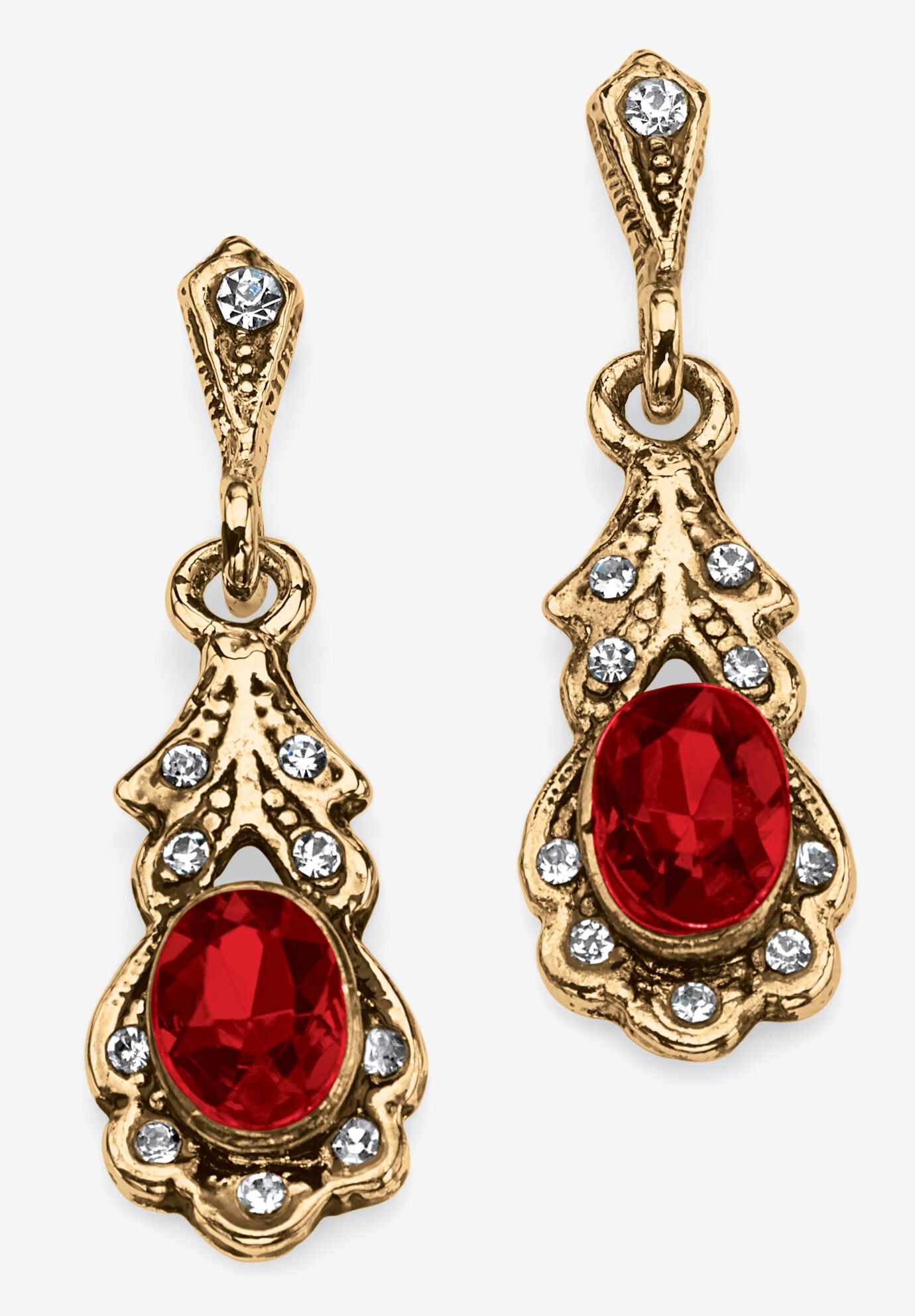 Gold Tone Antiqued Oval Cut Simulated Birthstone Vintage Style Drop Earrings, JANUARY, hi-res image number 0