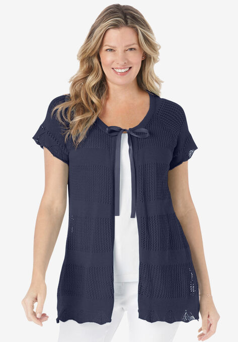 Tie-Neck Pointelle Cardigan Sweater, NAVY, hi-res image number null