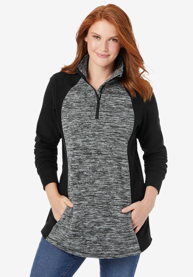 Microfleece Quarter Zip Pullover With Colorblocking, BLACK MARLED, hi-res image number 0