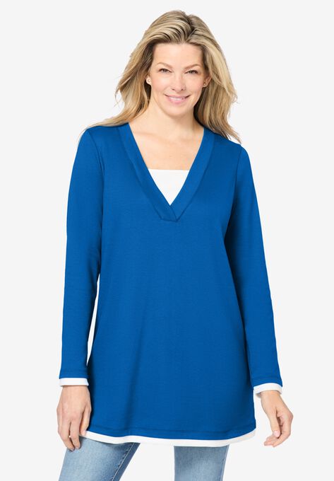 Long-Sleeve Layered-Look V-Neckline Tunic, BRIGHT COBALT, hi-res image number null