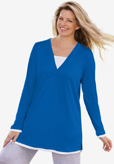 Long-Sleeve Layered-Look V-Neckline Tunic, BRIGHT COBALT, hi-res image number null