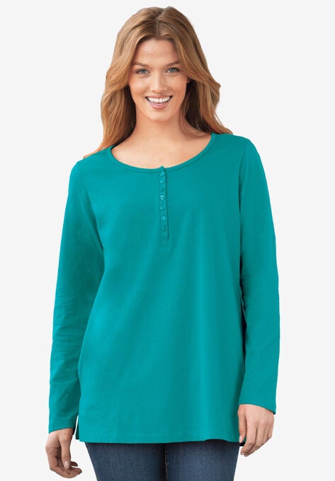 Perfect Long-Sleeve Henley Tee, WATERFALL, hi-res image number null