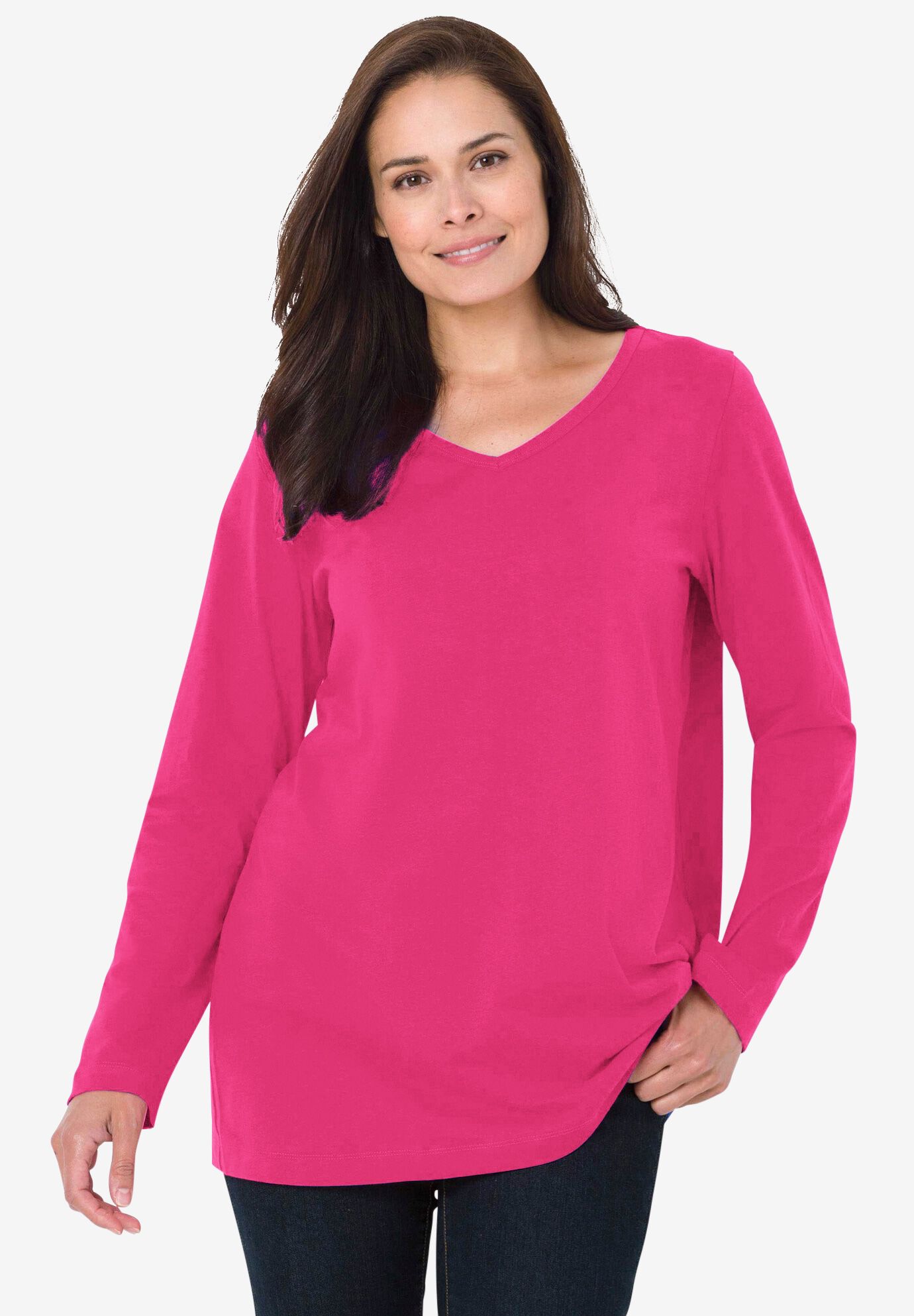 Perfect Long-Sleeve V-Neck Tee, RASPBERRY SORBET, hi-res image number 0