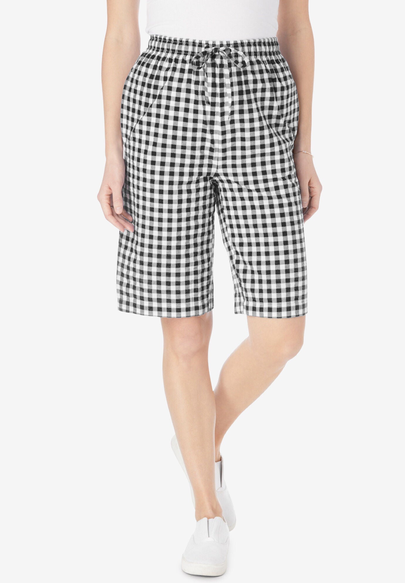 Seersucker Short with Drawstring Waist and Pockets Black Gingham Woman Within