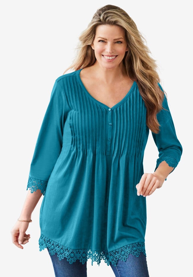 Pintuck Henley Crochet Trim Tunic, , alternate image number null