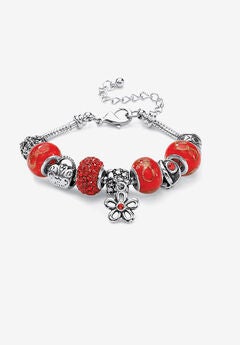 Bali Style Red Crystal Charm 8" Bracelet in Silvertone