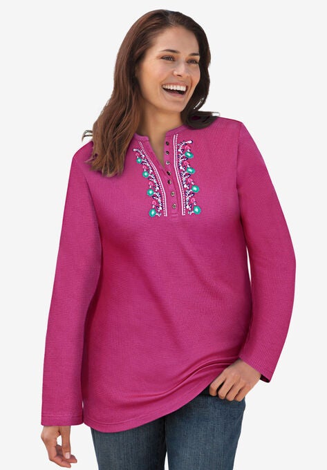 Embroidered Thermal Henley Tee, RASPBERRY VINE EMBROIDERY, hi-res image number null