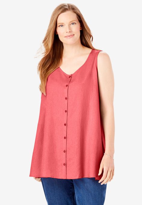 Button-Front Linen Tank, SWEET CORAL, hi-res image number null