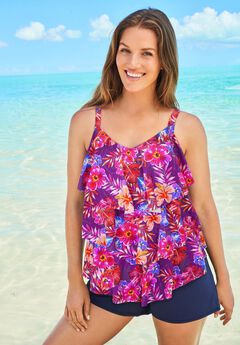 Longer-Length Tiered-Ruffle Tankini Top